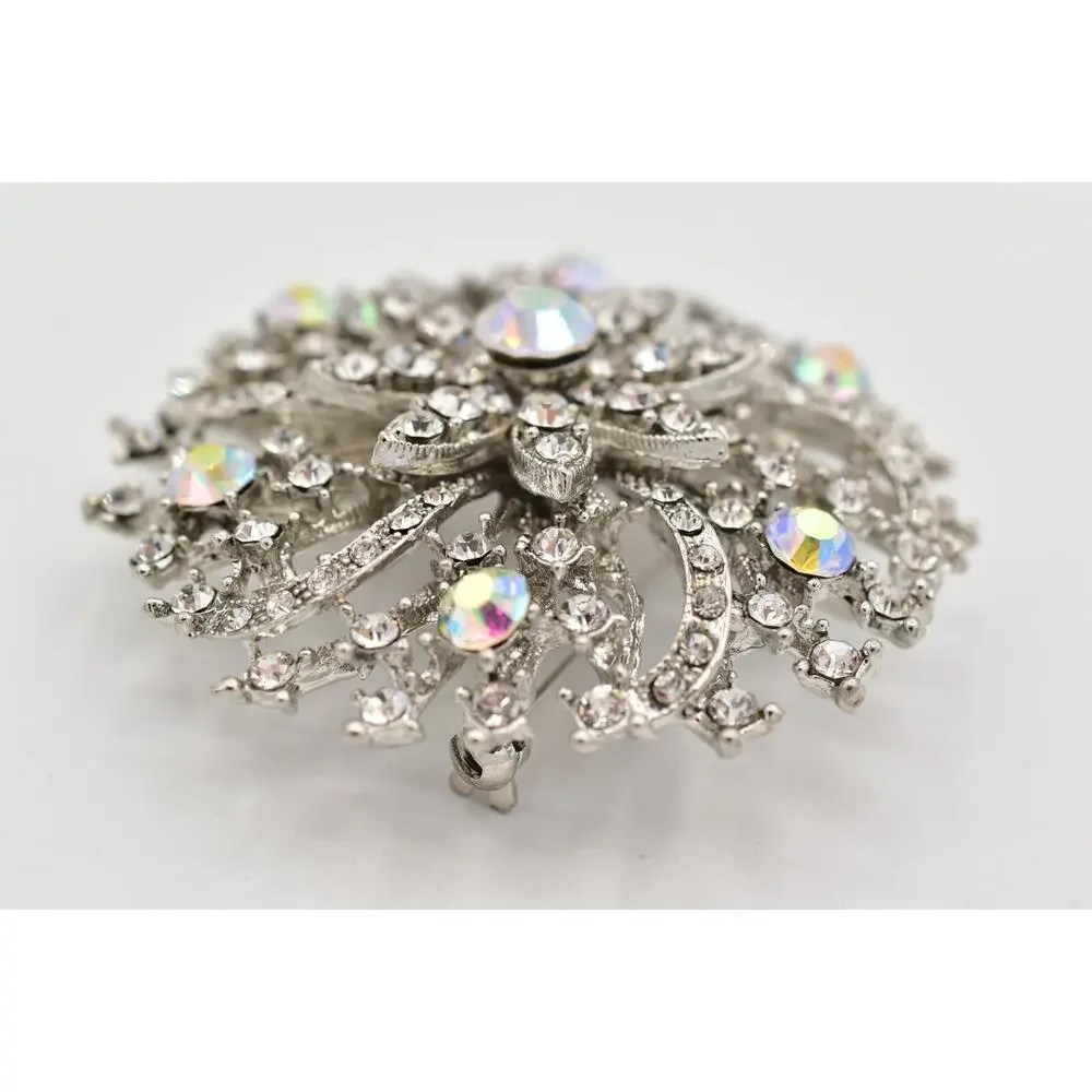 Vintage AB Aurora Borealis Rhinestone Flower Burst Brooch Pin Crystal Y2K A26